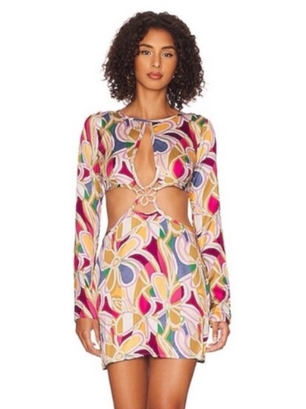 For Love and Lemons Thora Colorful Cutout Long-Sleeve Mini Dress NWT